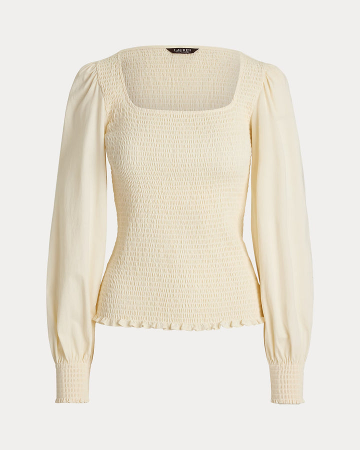 Ralph Lauren Smocked Jersey Blouson-Sleeve Top