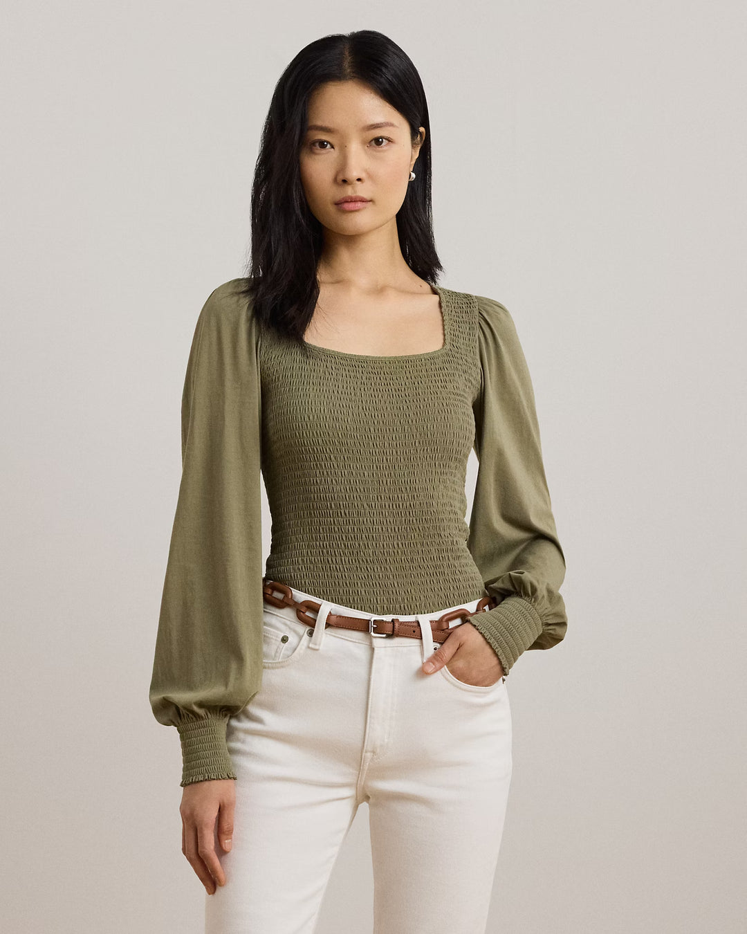 Ralph Lauren Smocked Jersey Blouson-Sleeve Top
