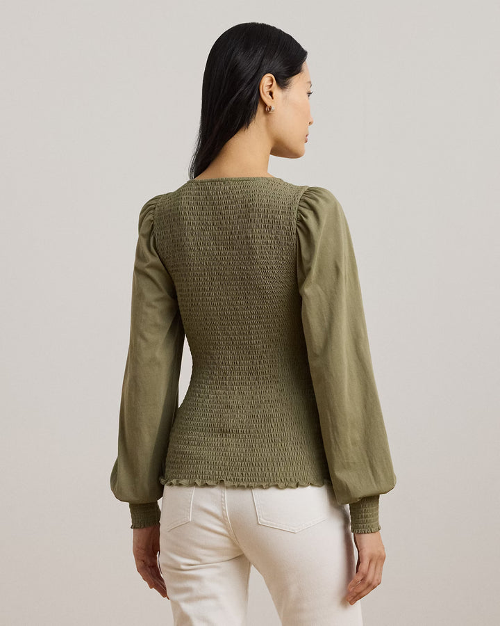 Ralph Lauren Smocked Jersey Blouson-Sleeve Top