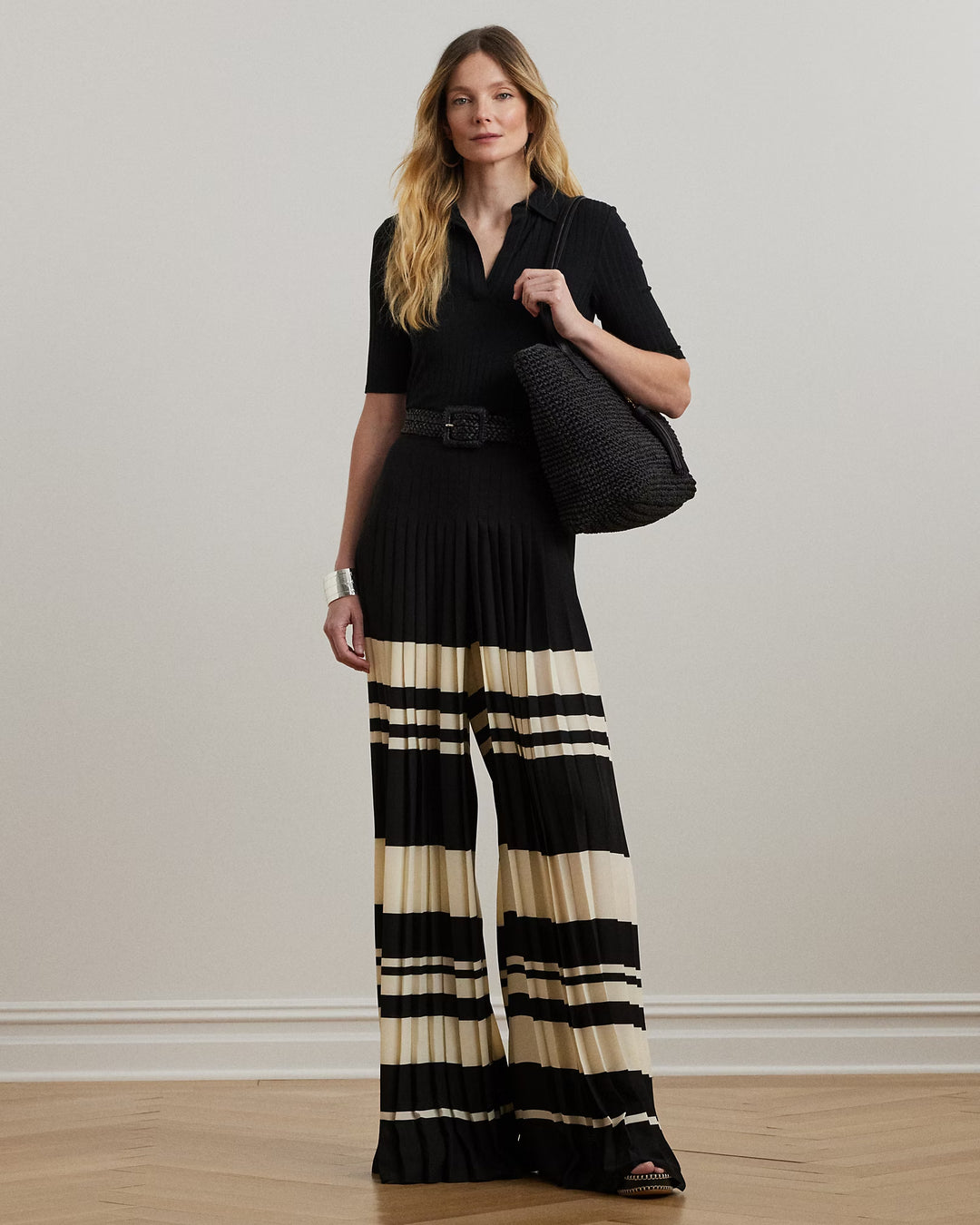 Ralph Lauren Striped Pleated Georgette Wide-Leg Pant