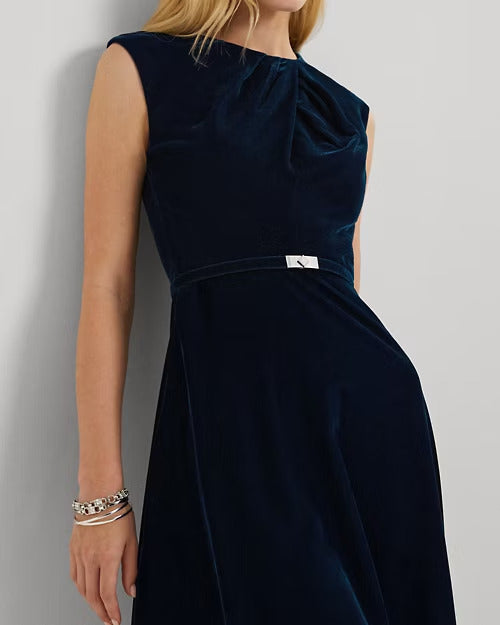 Ralph Lauren Belted Velvet Cap-Sleeve Dress