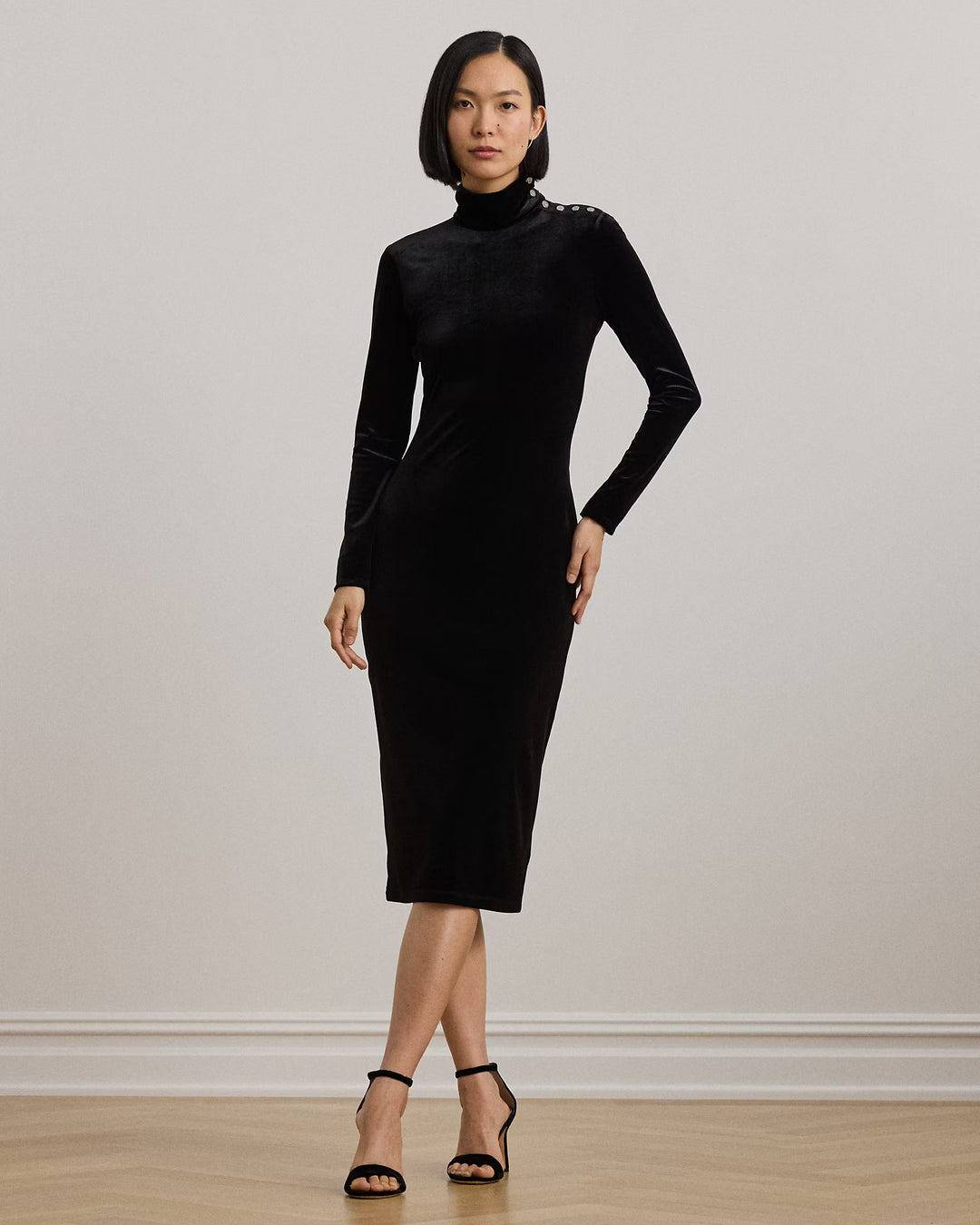 Ralph Lauren Button-Trim Velvet Turtleneck Dress