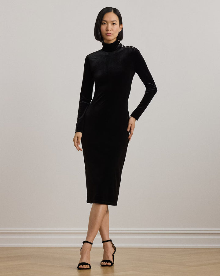 Ralph Lauren Button-Trim Velvet Turtleneck Dress