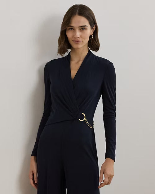 Ralph Lauren Chain-Trim Jersey Surplice Jumpsuit