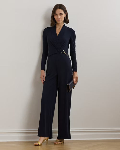 Ralph Lauren Chain-Trim Jersey Surplice Jumpsuit