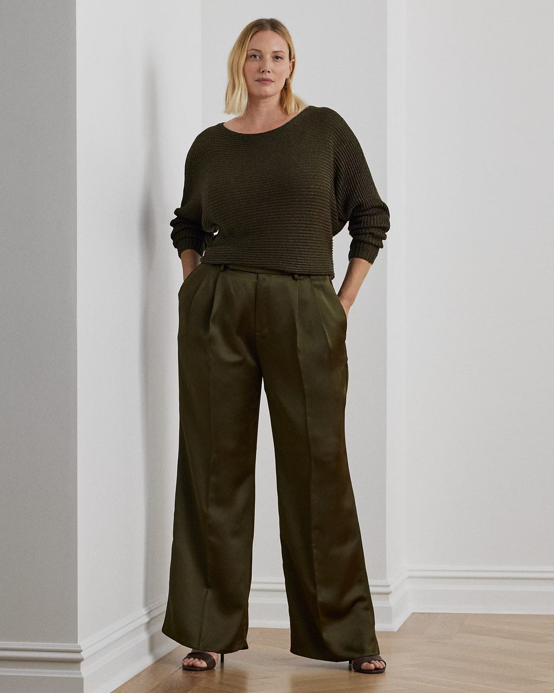 Ralph Lauren Pleated Satin Charmeuse Wide-Leg Pant