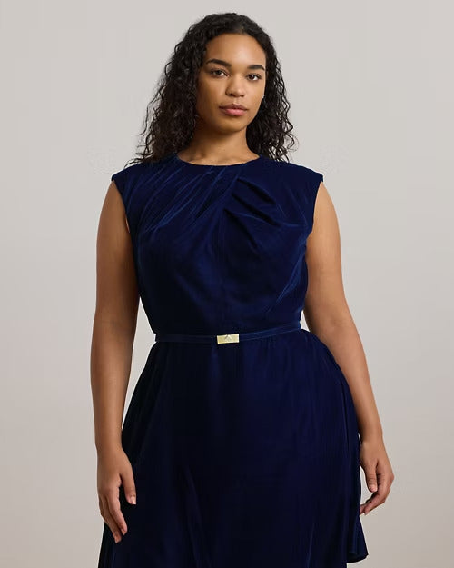 Ralph Lauren Belted Velvet Cap-Sleeve Dress