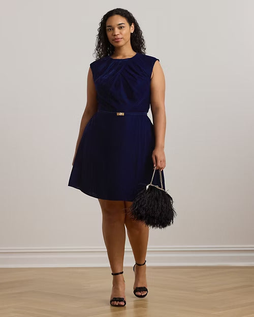Ralph Lauren Belted Velvet Cap-Sleeve Dress