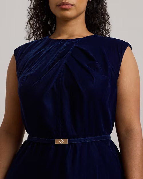 Ralph Lauren Belted Velvet Cap-Sleeve Dress