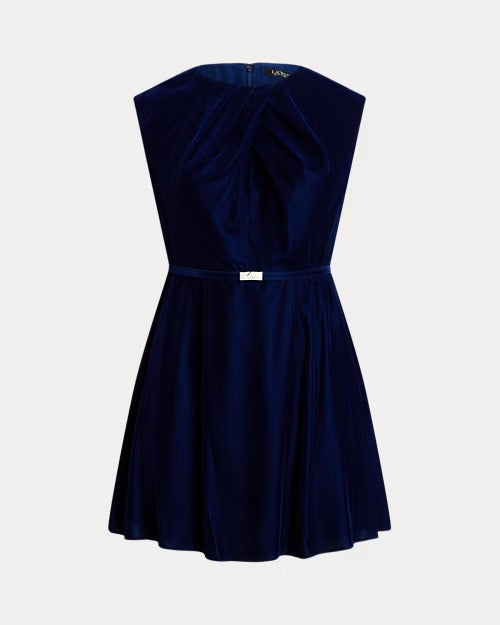 Ralph Lauren Belted Velvet Cap-Sleeve Dress