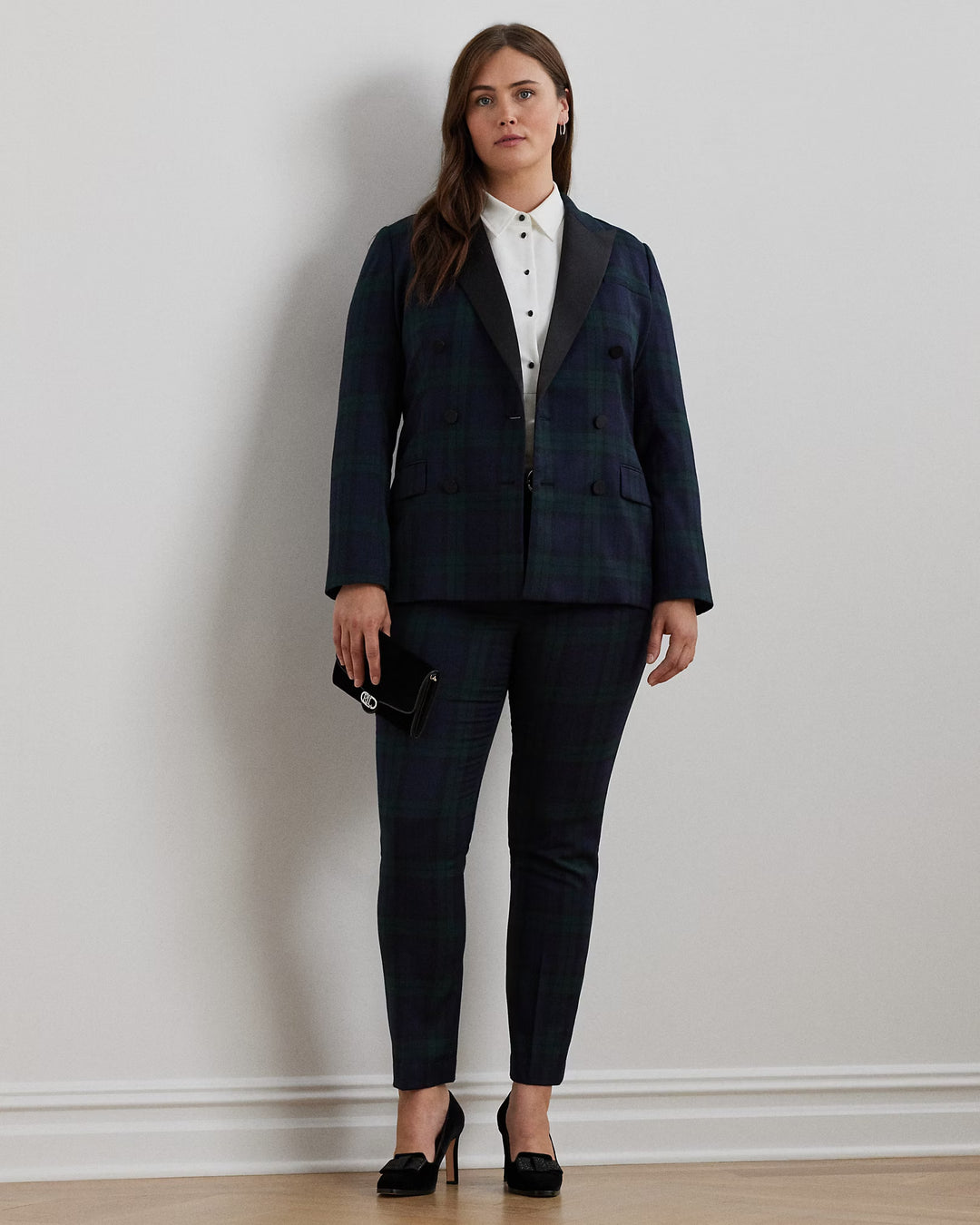 Ralph Lauren Plaid Double-Breasted Satin-Trim Blazer