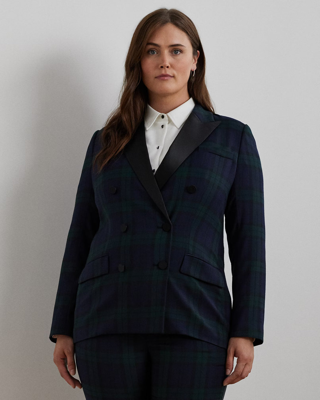 Ralph Lauren Plaid Double-Breasted Satin-Trim Blazer