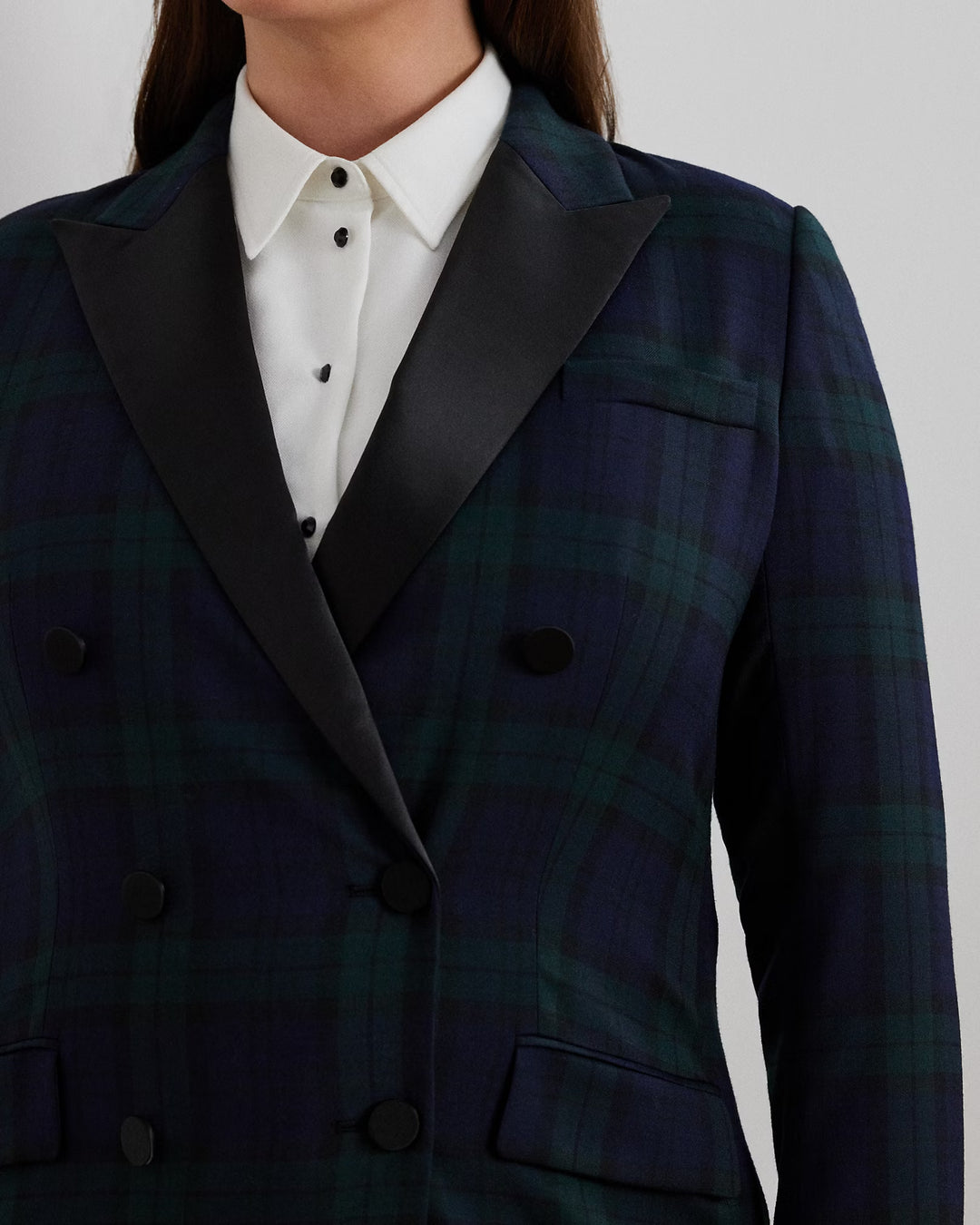 Ralph Lauren Plaid Double-Breasted Satin-Trim Blazer