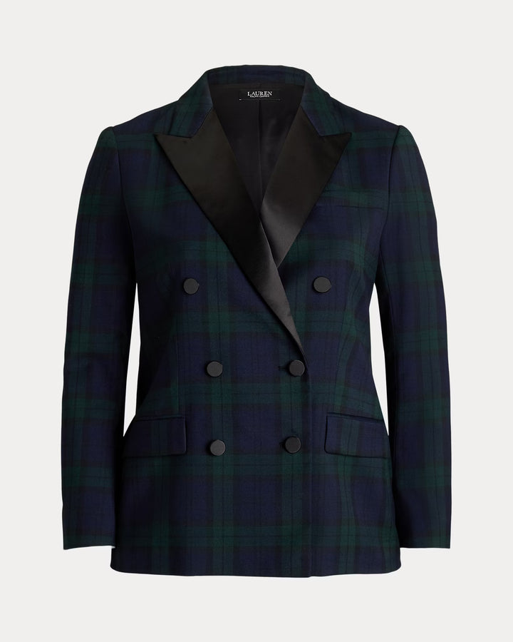 Ralph Lauren Plaid Double-Breasted Satin-Trim Blazer