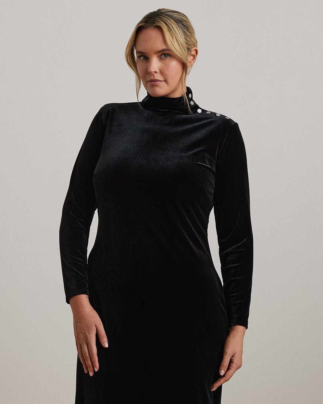 Ralph Lauren Button-Trim Velvet Turtleneck Dress