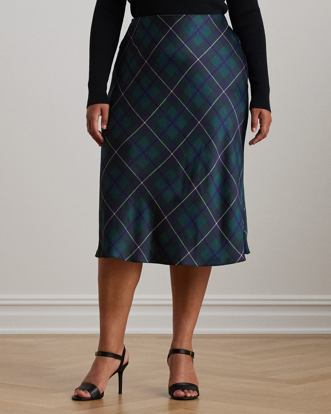 Ralph Lauren Plaid Satin Charmeuse Midi Skirt