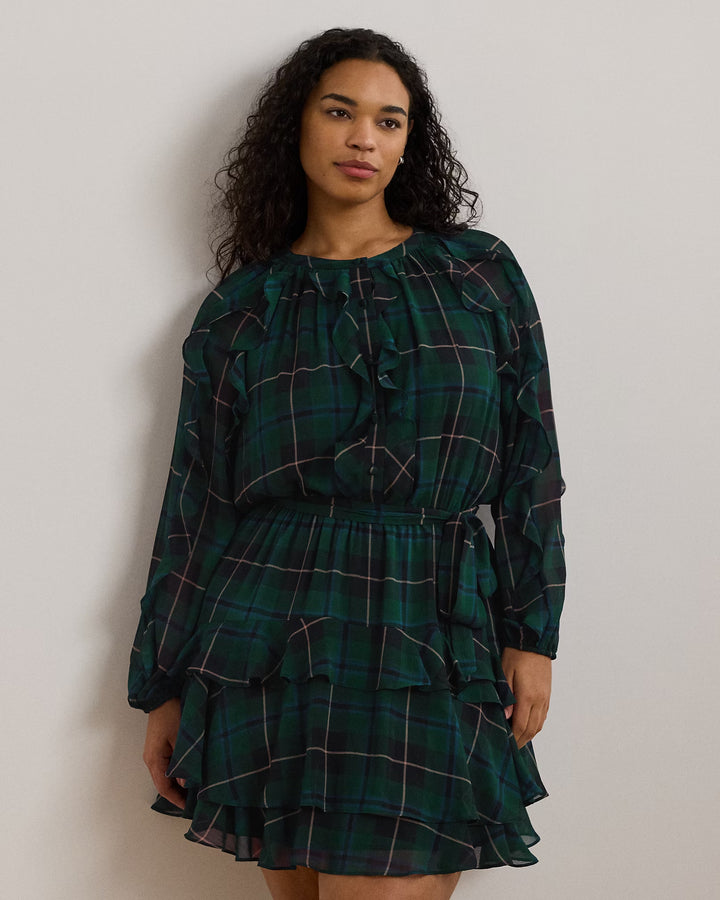 Ralph Lauren Plaid Ruffle-Trim Georgette Tiered Dress