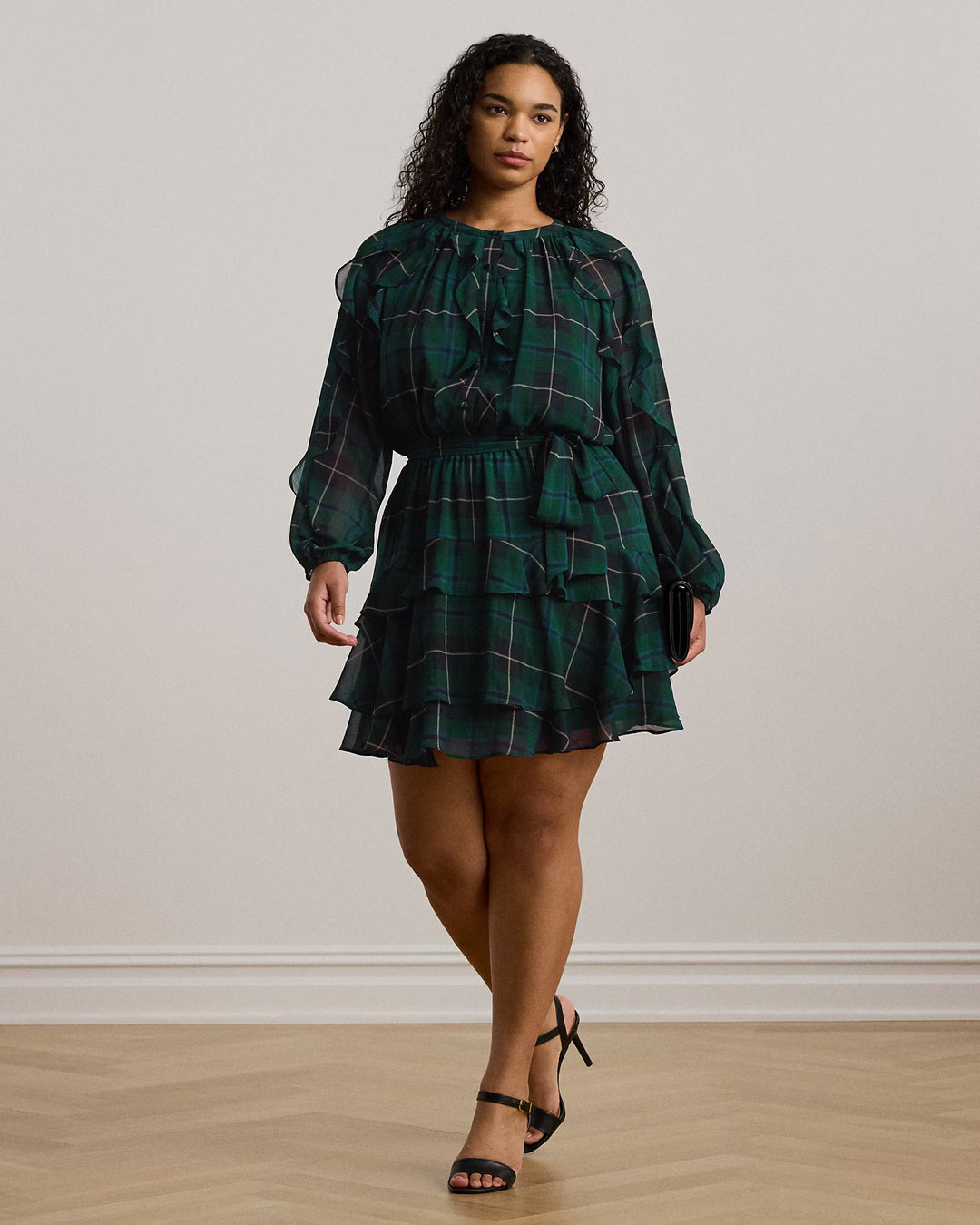 Ralph Lauren Plaid Ruffle-Trim Georgette Tiered Dress