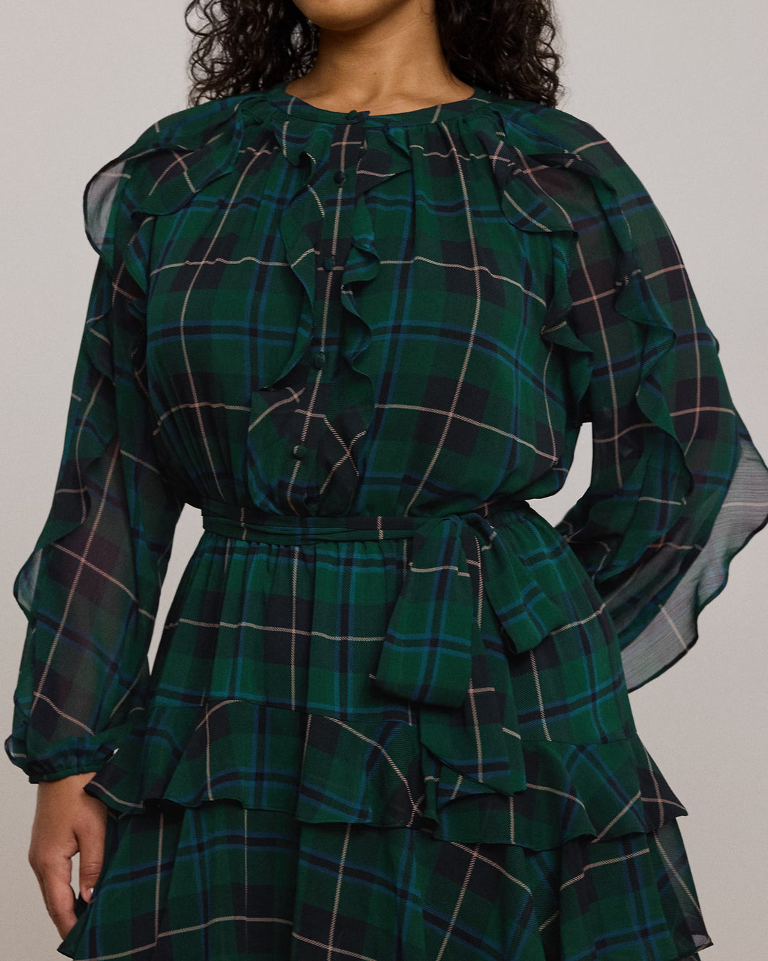 Ralph Lauren Plaid Ruffle-Trim Georgette Tiered Dress