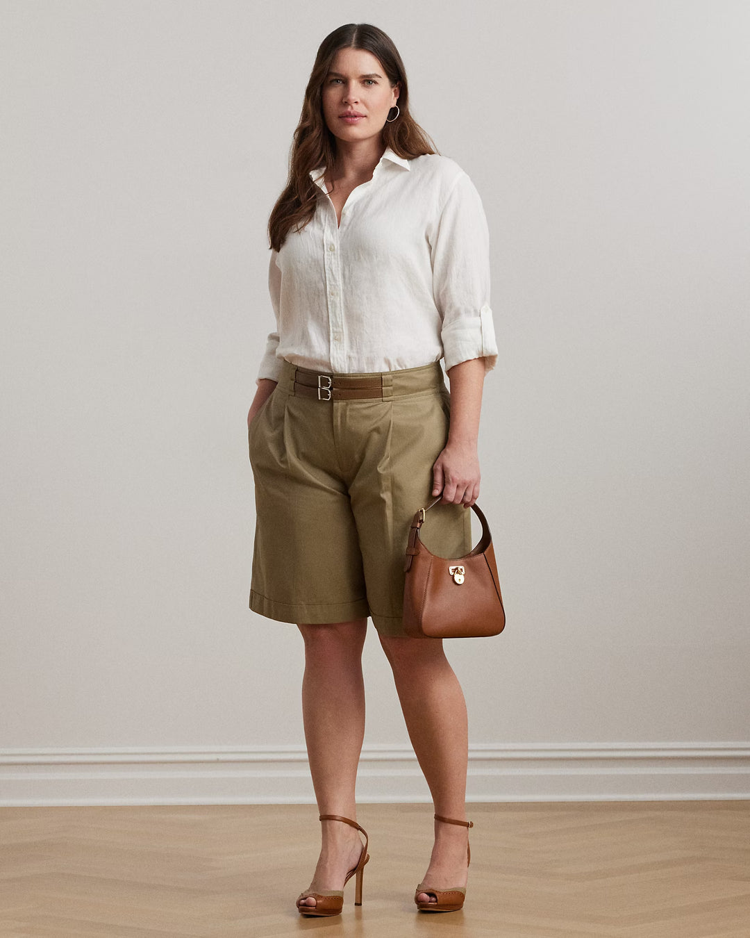 Ralph Lauren Buckle-Trim Pleated Cotton Twill Short