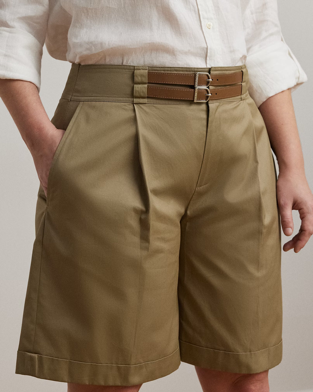 Ralph Lauren Buckle-Trim Pleated Cotton Twill Short