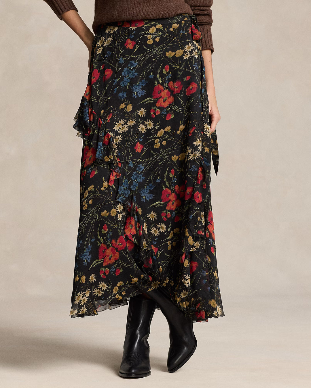 Ralph Lauren Floral Ruffle-Trim Georgette Wrap Skirt