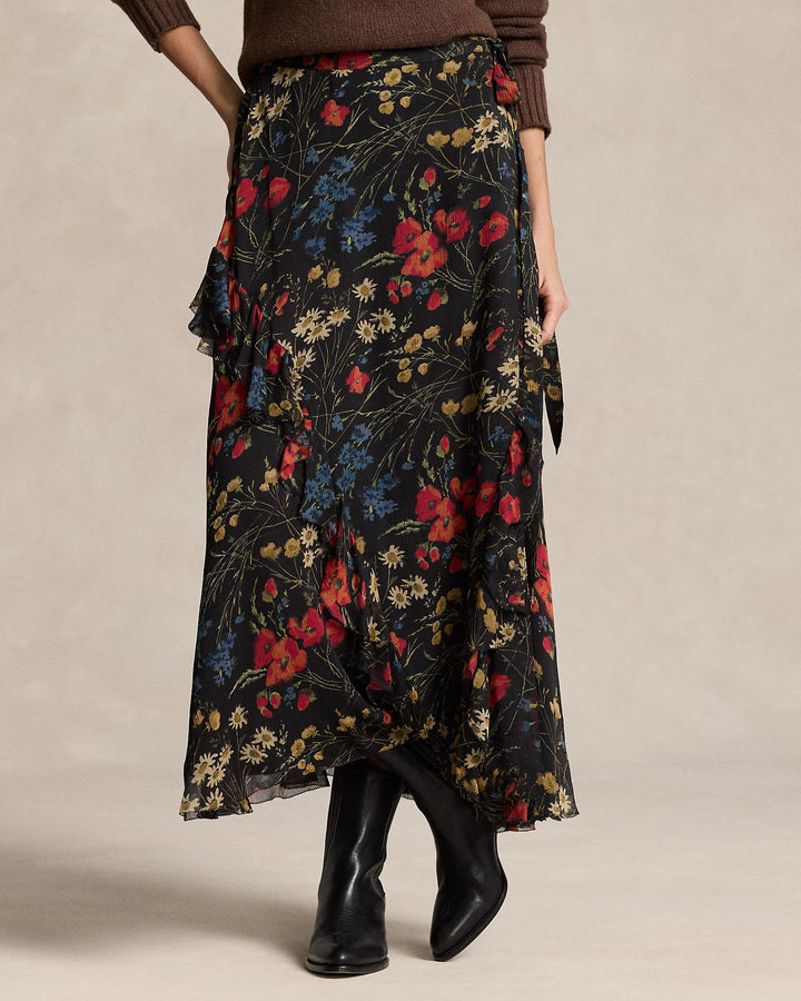 Ralph Lauren Floral Ruffle-Trim Georgette Wrap Skirt