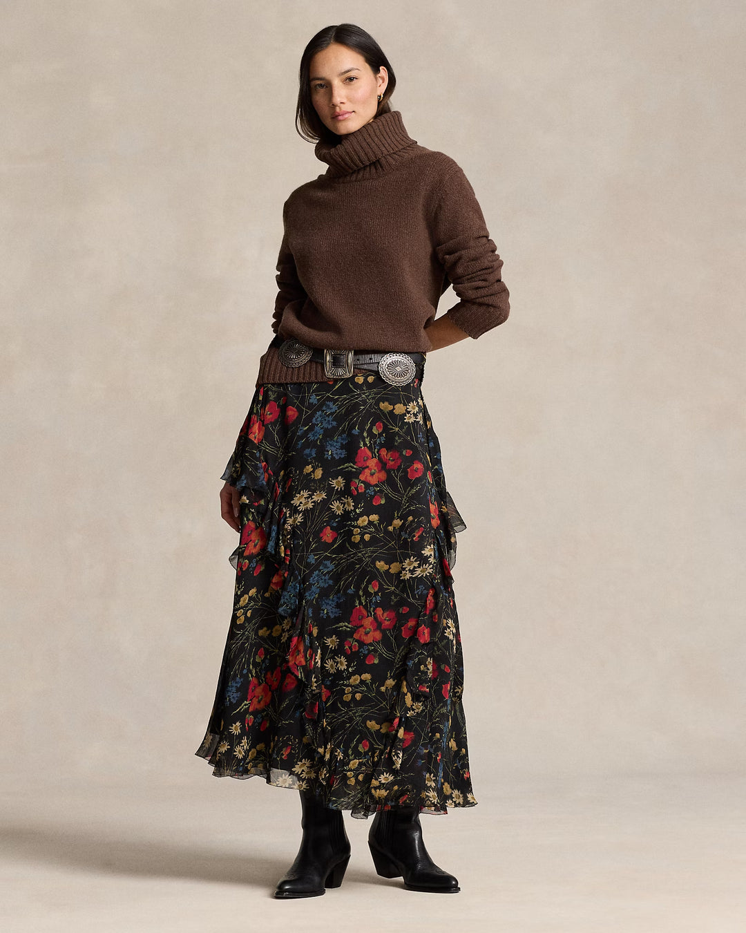 Ralph Lauren Floral Ruffle-Trim Georgette Wrap Skirt