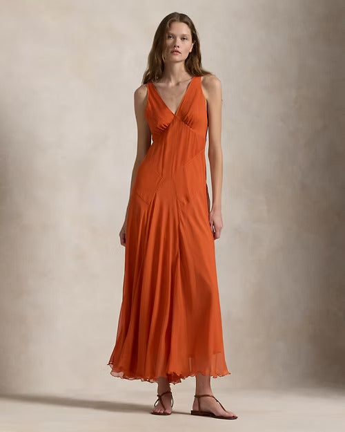 Ralph Lauren Crinkled Silk V-Neck Dress