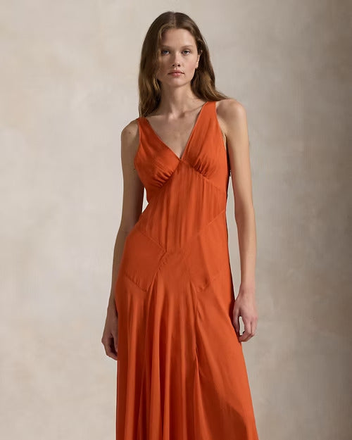 Ralph Lauren Crinkled Silk V-Neck Dress