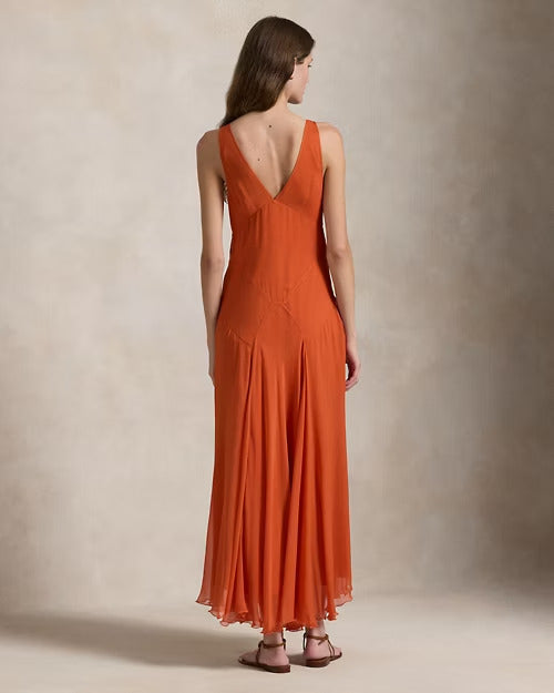Ralph Lauren Crinkled Silk V-Neck Dress