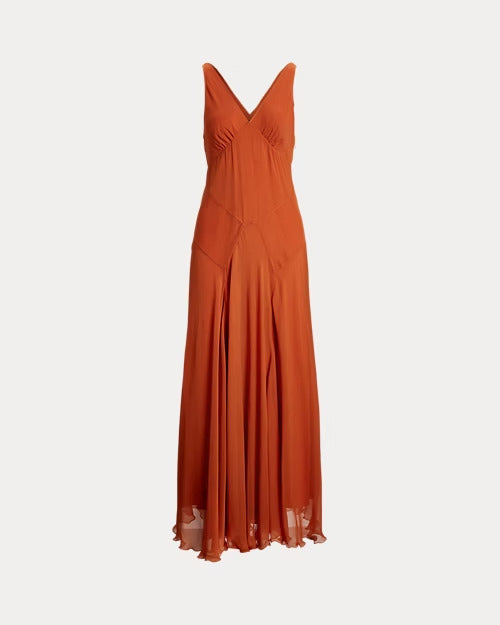 Ralph Lauren Crinkled Silk V-Neck Dress