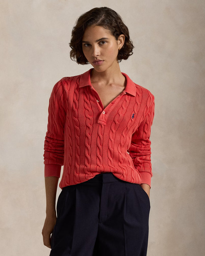 Ralph Lauren Cable-Knit Cotton Long-Sleeve Polo Shirt
