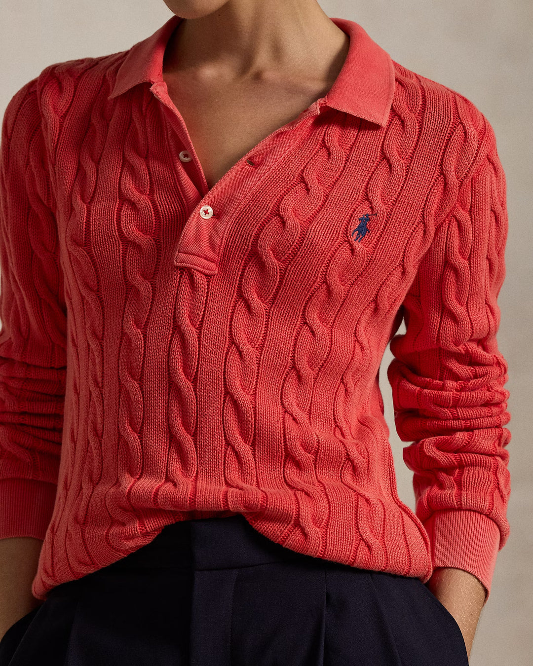Ralph Lauren Cable-Knit Cotton Long-Sleeve Polo Shirt