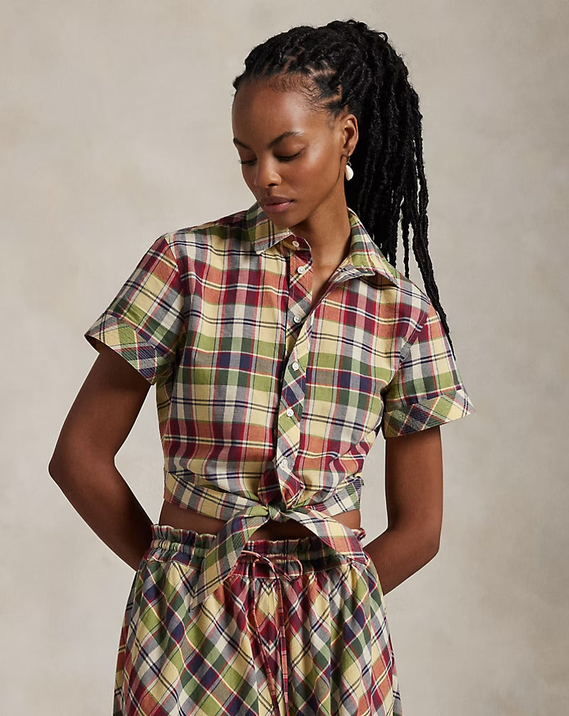 Ralph Lauren Cropped Plaid Cotton Tie-Front Top Save your Wishlist