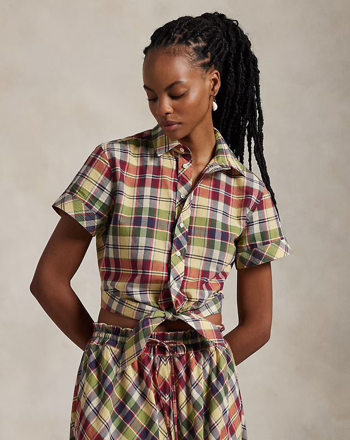 Ralph Lauren Cropped Plaid Cotton Tie-Front Top Save your Wishlist