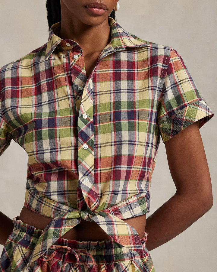 Ralph Lauren Cropped Plaid Cotton Tie-Front Top Save your Wishlist