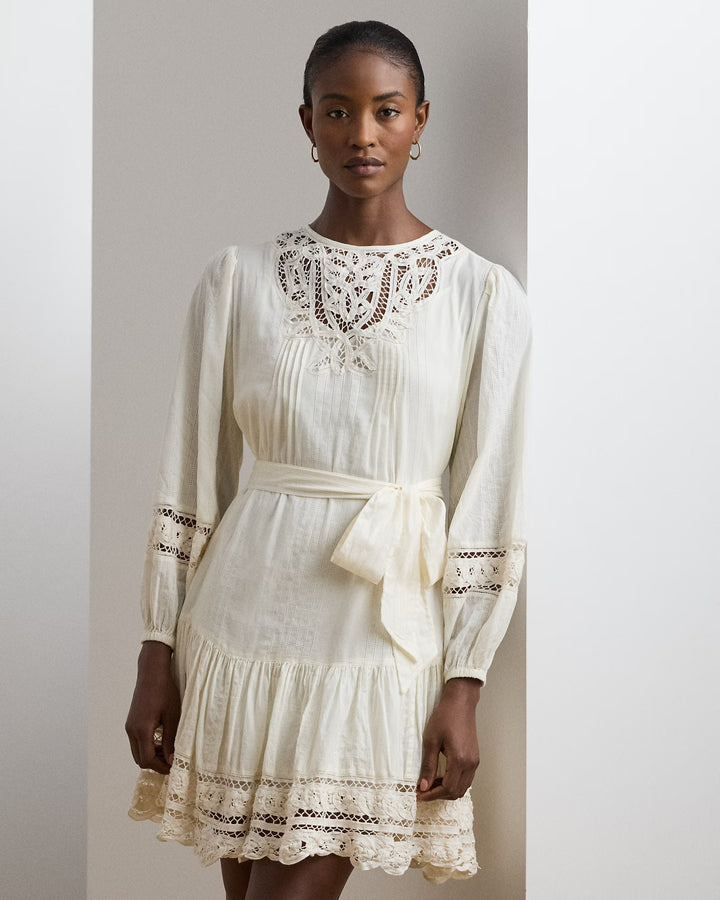 Ralph Lauren Lace-Trim Belted Cotton Voile Dress