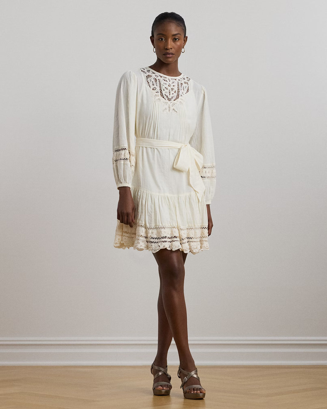 Ralph Lauren Lace-Trim Belted Cotton Voile Dress