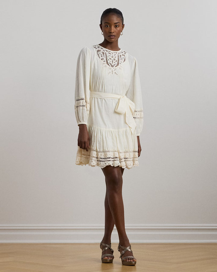 Ralph Lauren Lace-Trim Belted Cotton Voile Dress