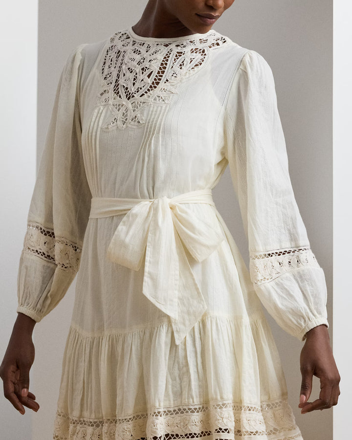 Ralph Lauren Lace-Trim Belted Cotton Voile Dress