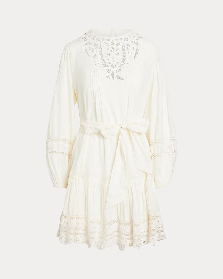 Ralph Lauren Lace-Trim Belted Cotton Voile Dress
