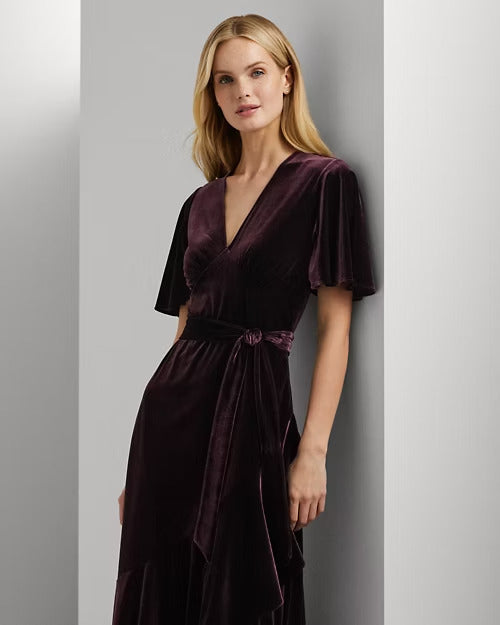 Ralph Lauren Belted Velvet Flutter-Sleeve Dress