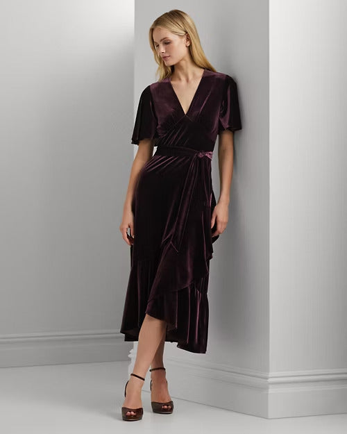 Ralph Lauren Belted Velvet Flutter-Sleeve Dress