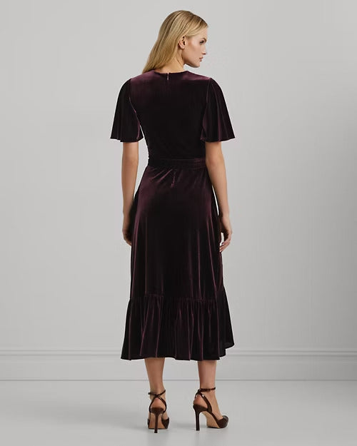 Ralph Lauren Belted Velvet Flutter-Sleeve Dress