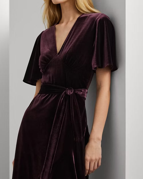 Ralph Lauren Belted Velvet Flutter-Sleeve Dress