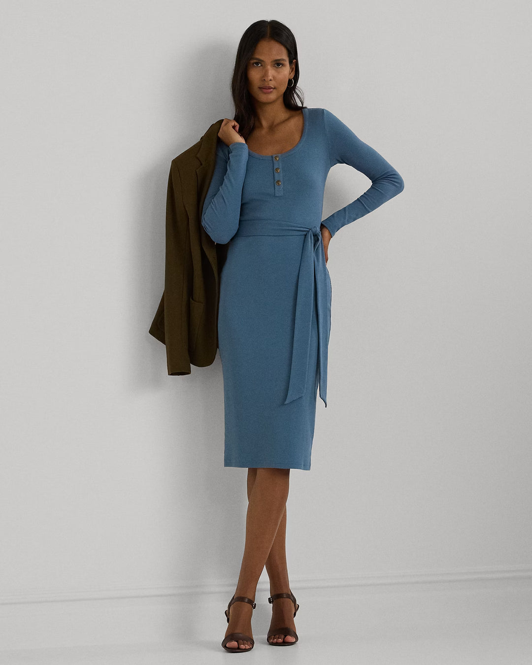 Ralph Lauren Belted Rib-Knit Henley Dress
