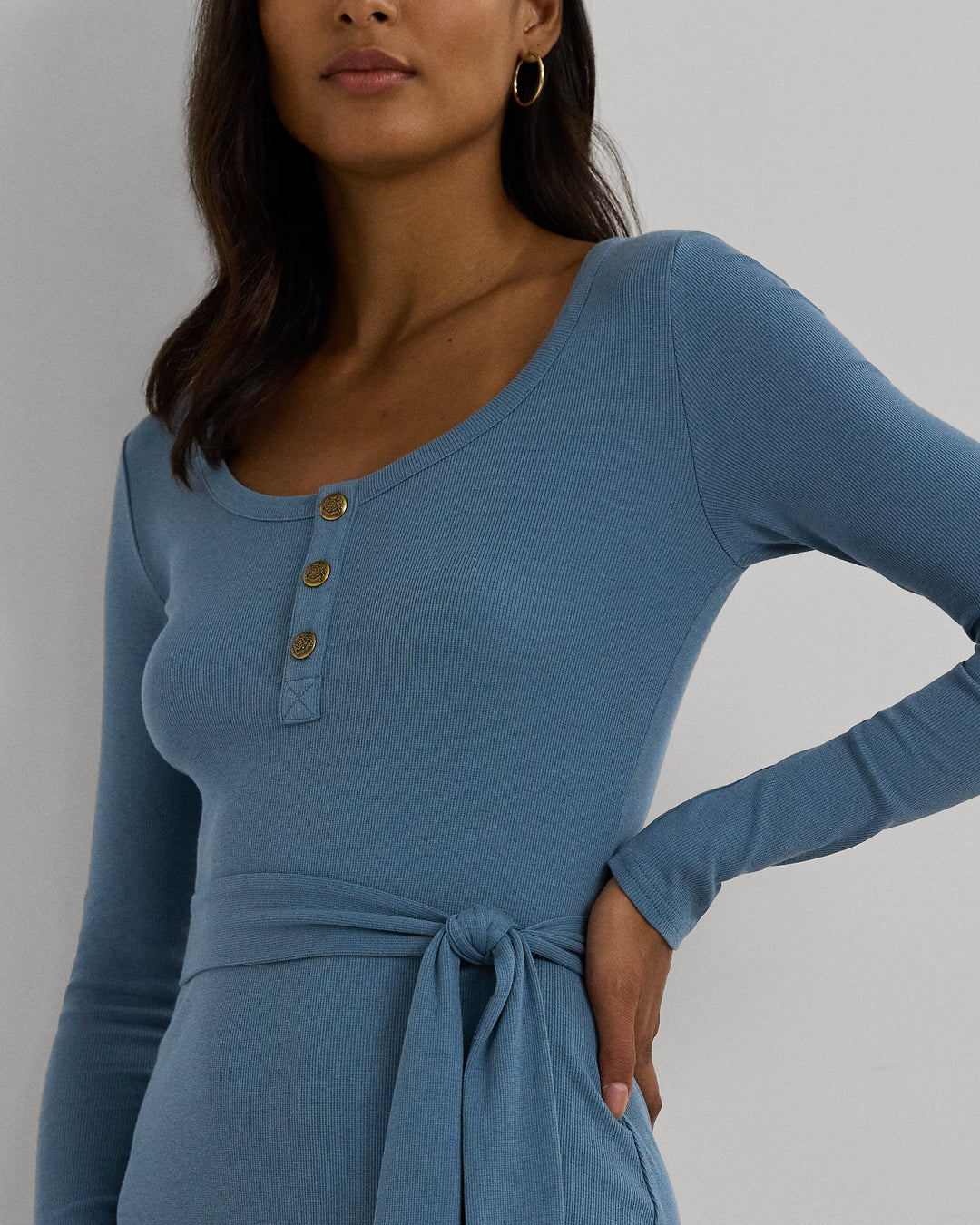Ralph Lauren Belted Rib-Knit Henley Dress