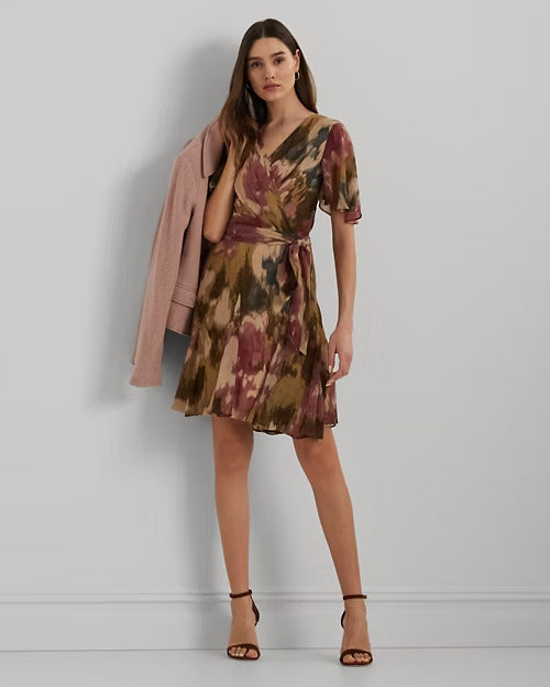 Ralph Lauren Floral Crinkle Georgette Surplice Dress