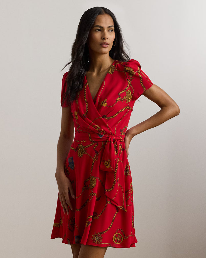 Ralph Lauren Print Belted Georgette Puff-Sleeve Dress
